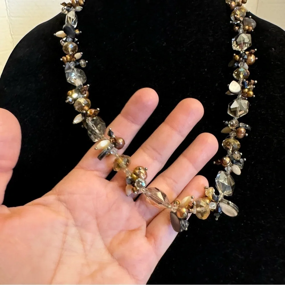 925 Sterling Silver Aurora Borealis Vintage Necklace Pearl Shells Crystals 25